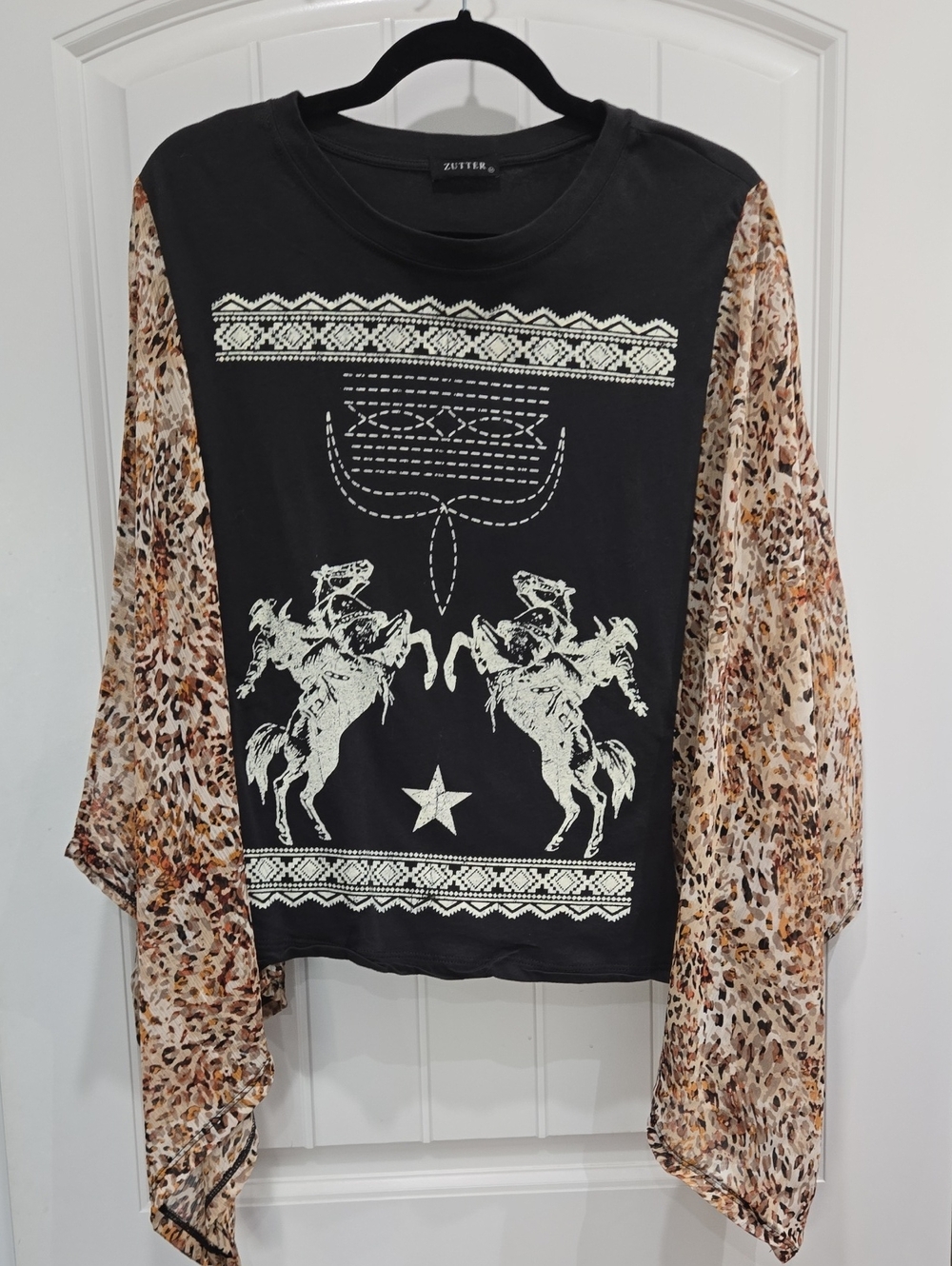 Zutter Black Western Graphic Top with Leopard Print Draped Sleeves
